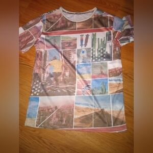 Dex Red and Blue Short Sleeve Tee with Photographic Collage